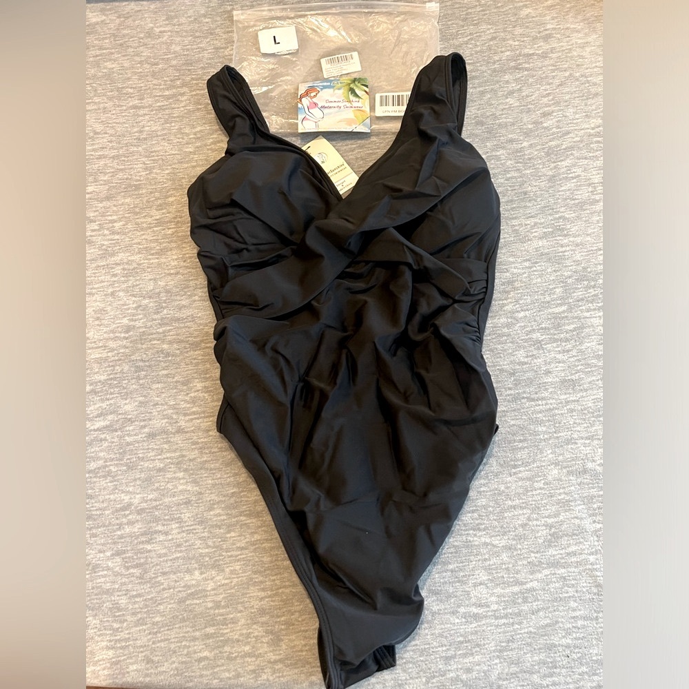 Summer Sunshine Maternity‎ 1 piece black swimsuit front cross women’s L new